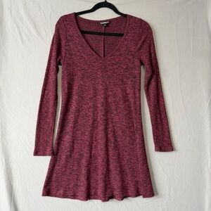 Express Womens V-neck Knit Mini Dress S Heather Burgundy Ribbed Long Sleeves